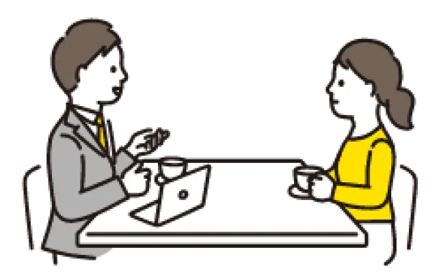 テーブルで見積もり相談をするスタッフとお客様のイラスト